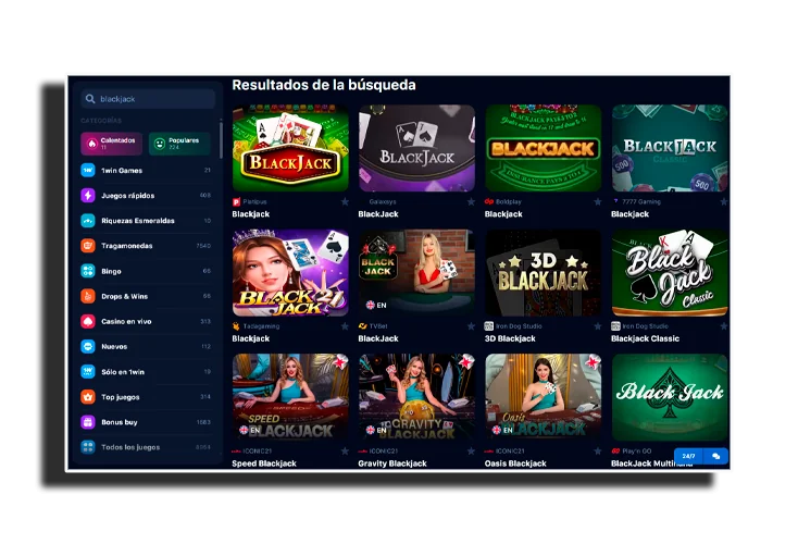 Buscar blackjack en la sección de casino en vivo